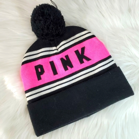 Victoria's Secret PINK Pompom Logo Knit Beanie Tobbogan Black & Pink One Size - Picture 3 of 10